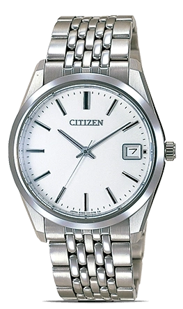 Citizen horloge met witte wijzerplaat, zilveren band en datumweergave.