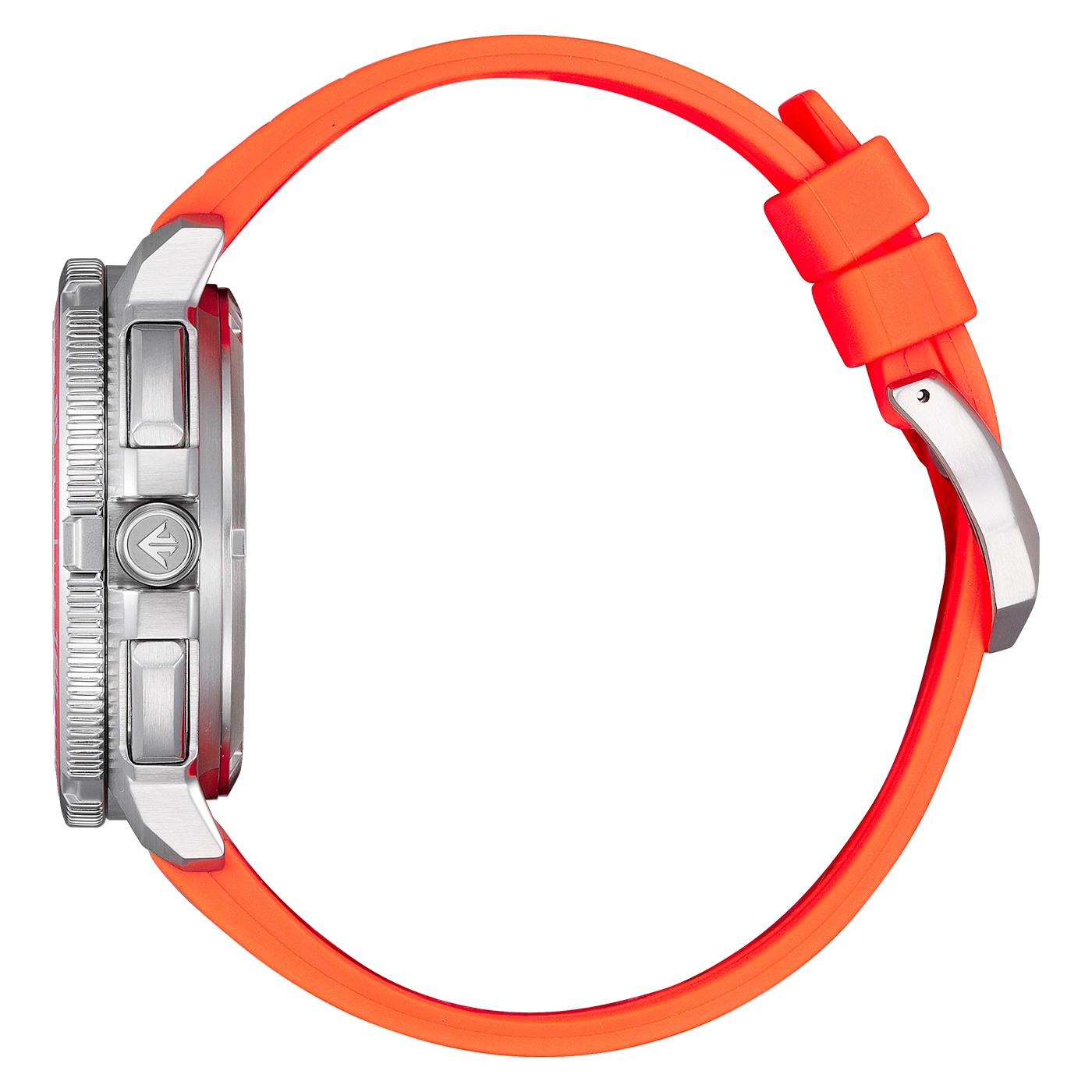 Zijaanzicht van een modern zilveren horloge met een oranje rubberen band.