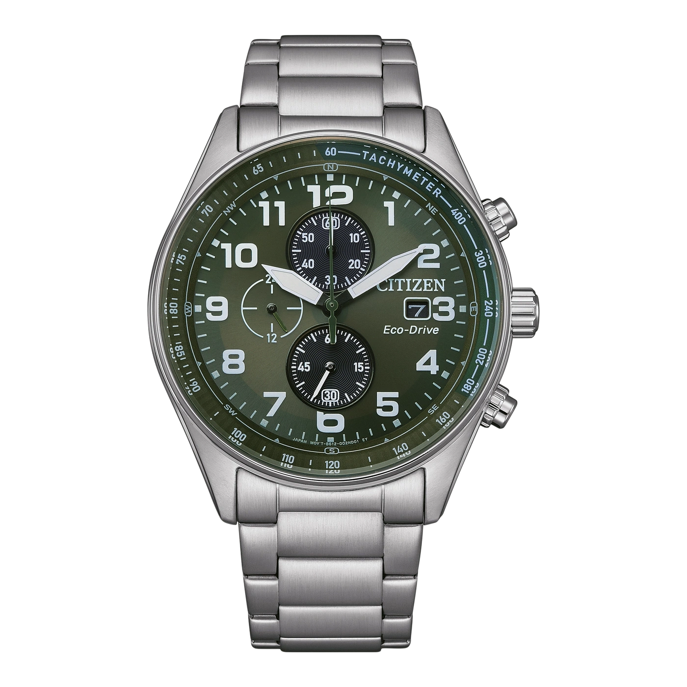 Citizen horloge met groene wijzerplaat, tachymeter en roestvrijstalen armband. Eco-Drive.