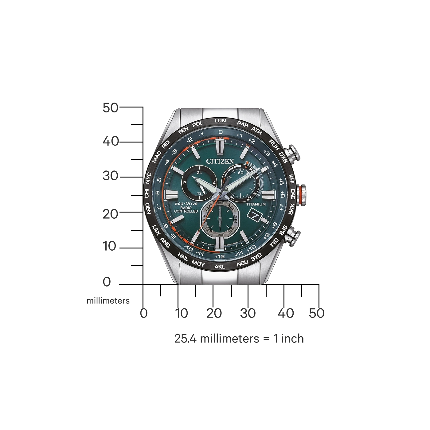 Citizen horloge met groene wijzerplaat, titanium, radiogestuurd, tijdzones en datumweergave.
