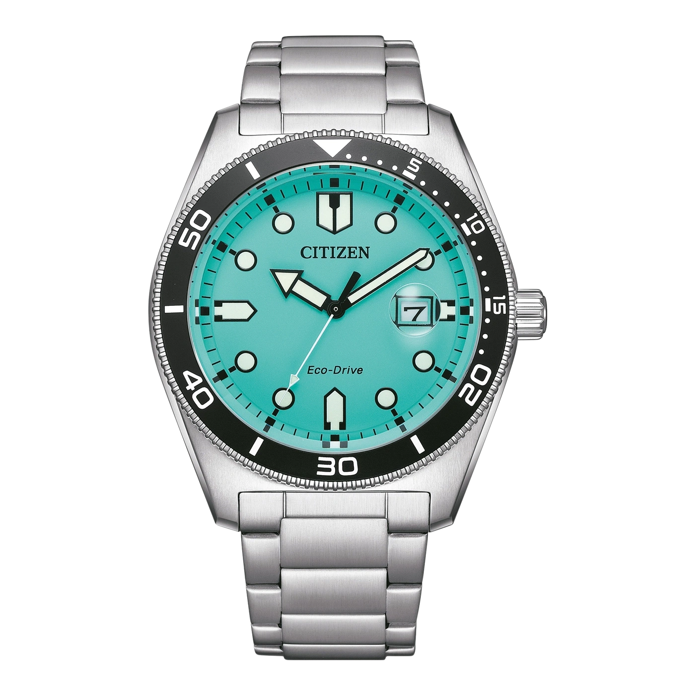 Citizen horloge met een turquoise wijzerplaat en zwarte bezel, roestvrijstalen armband.