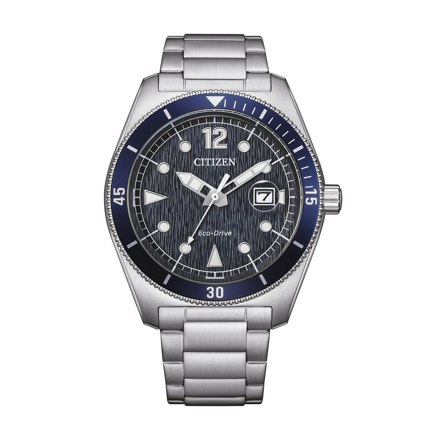 Een Citizen Eco-Drive horloge met een blauwe wijzerplaat en zilveren band.