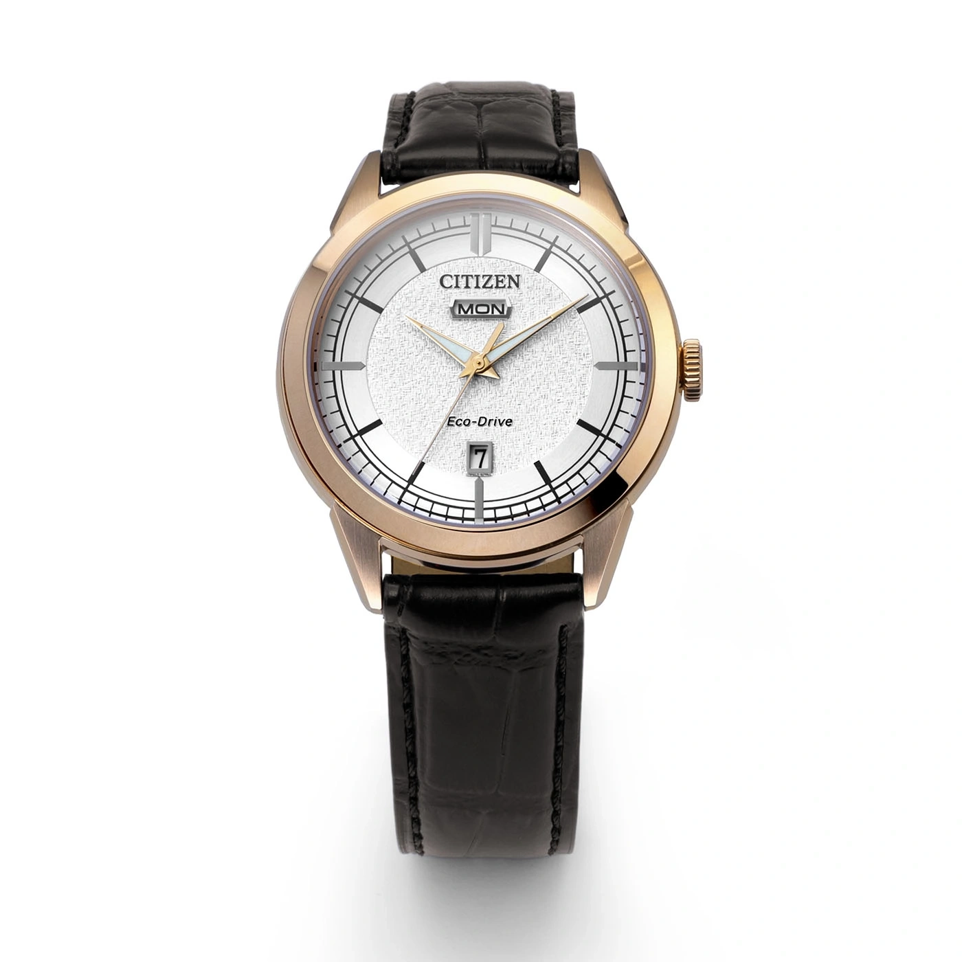 Een Citizen Eco-Drive horloge met een witte wijzerplaat en zwarte leren band.