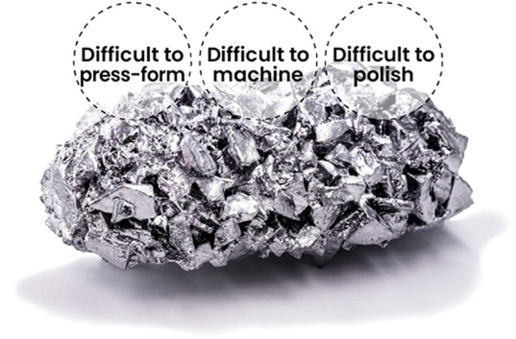 Afbeelding van metaal met moeilijkheden bij persen, bewerken en polijsten.