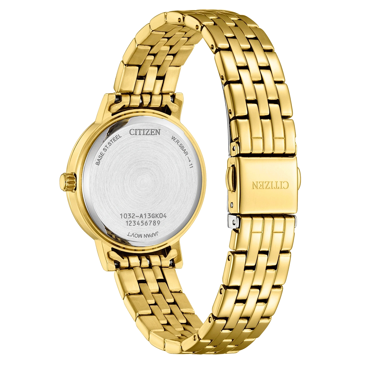 Gouden Citizen horloge, achteraanzicht, met details van de wijzerplaat en band.