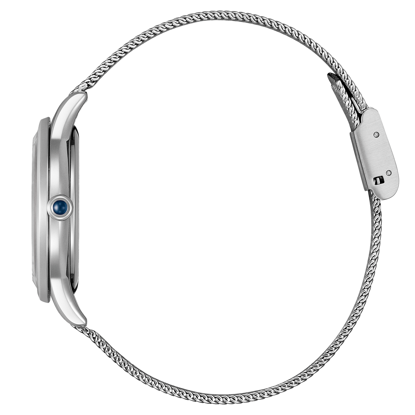 Zilveren horloge met mesh band, zijaanzicht, elegant design, moderne stijl.