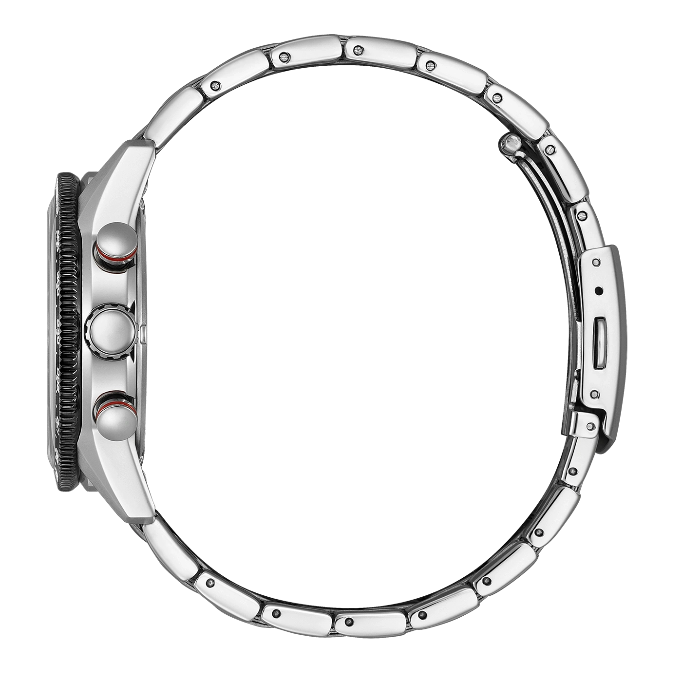 Zijaanzicht van een zilveren horloge met metalen band en twee knoppen aan de zijkant.