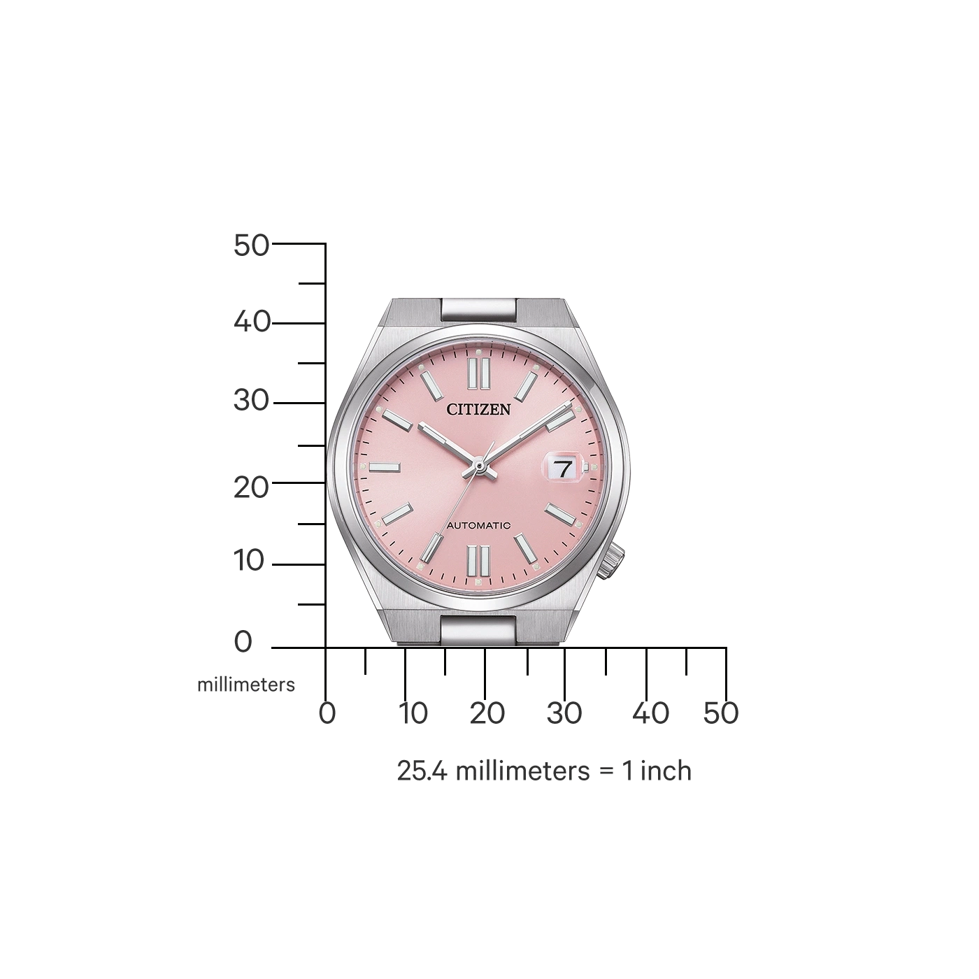 Citizen horloge met roze wijzerplaat, automatisch en datumweergave, met een liniaal voor schaal.