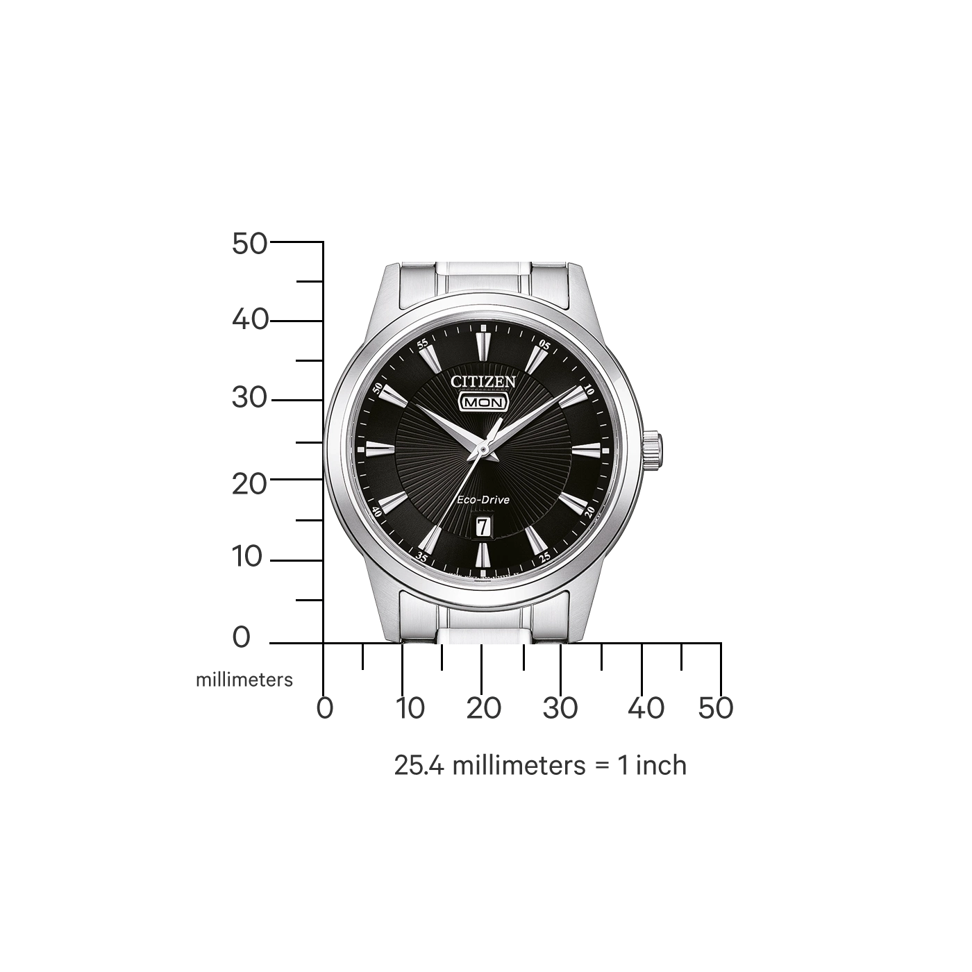 Citizen horloge met zwarte wijzerplaat, Eco-Drive en datumweergave. Zilveren band.