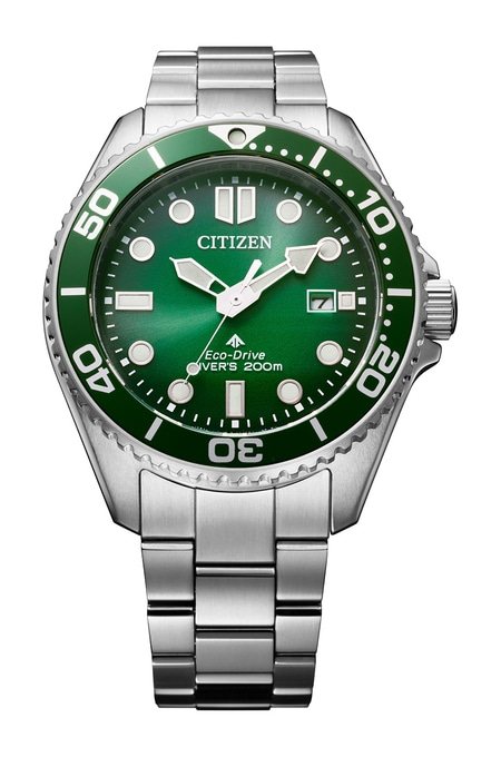 Citizen horloge met groene wijzerplaat en zilveren armband, duikershorloge, Eco-Drive