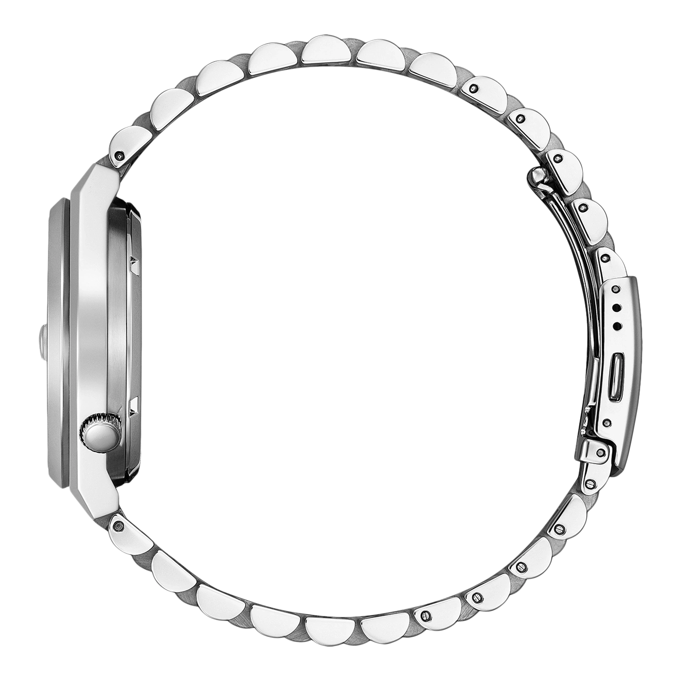 Zijaanzicht van een zilveren polshorloge met metalen band, elegant design.