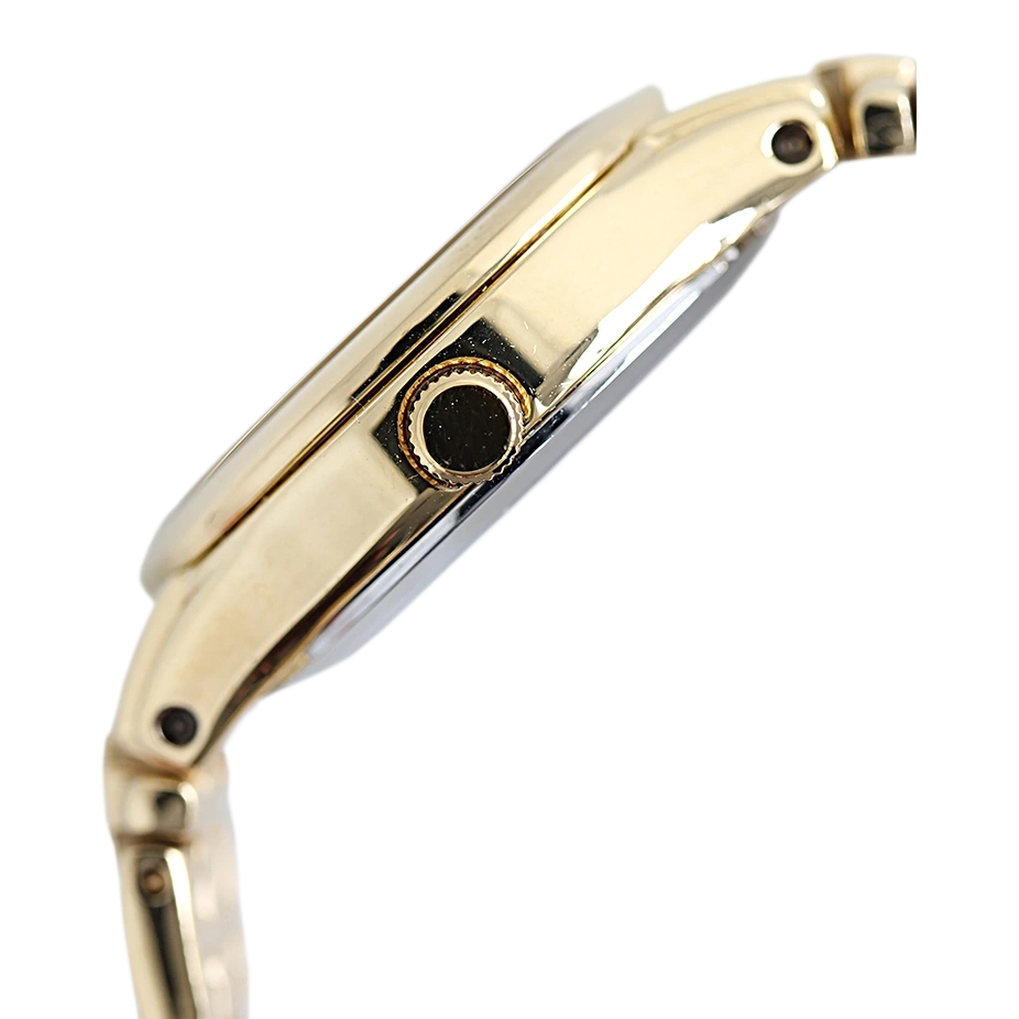 Zijaanzicht van een gouden horloge, met de kroon en de bandverbinding.
