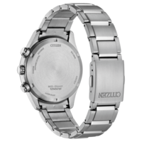 Achterkant van een zilveren Citizen Eco-Drive horloge met tekst.