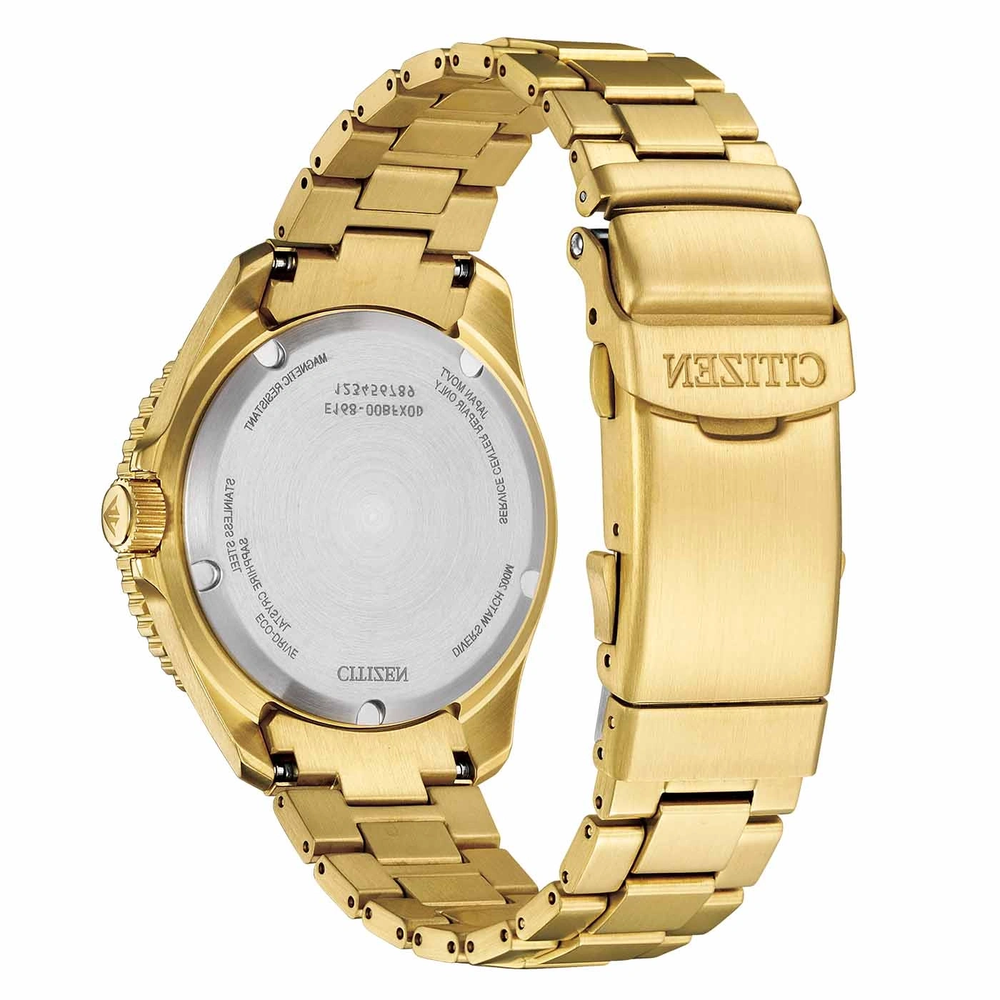 Gouden Citizen horloge, achteraanzicht, met sluiting en details van het horloge.