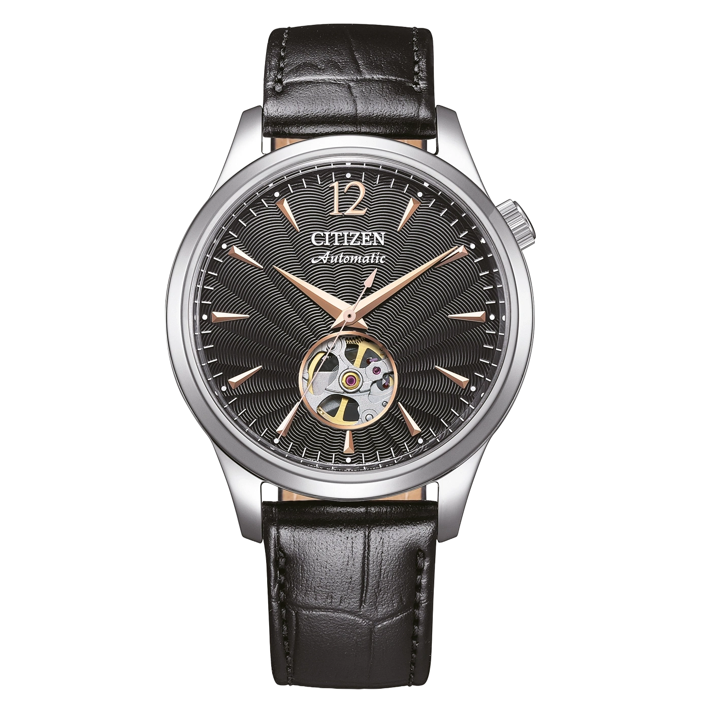 Citizen automatisch horloge met zwarte leren band en open hart wijzerplaat
