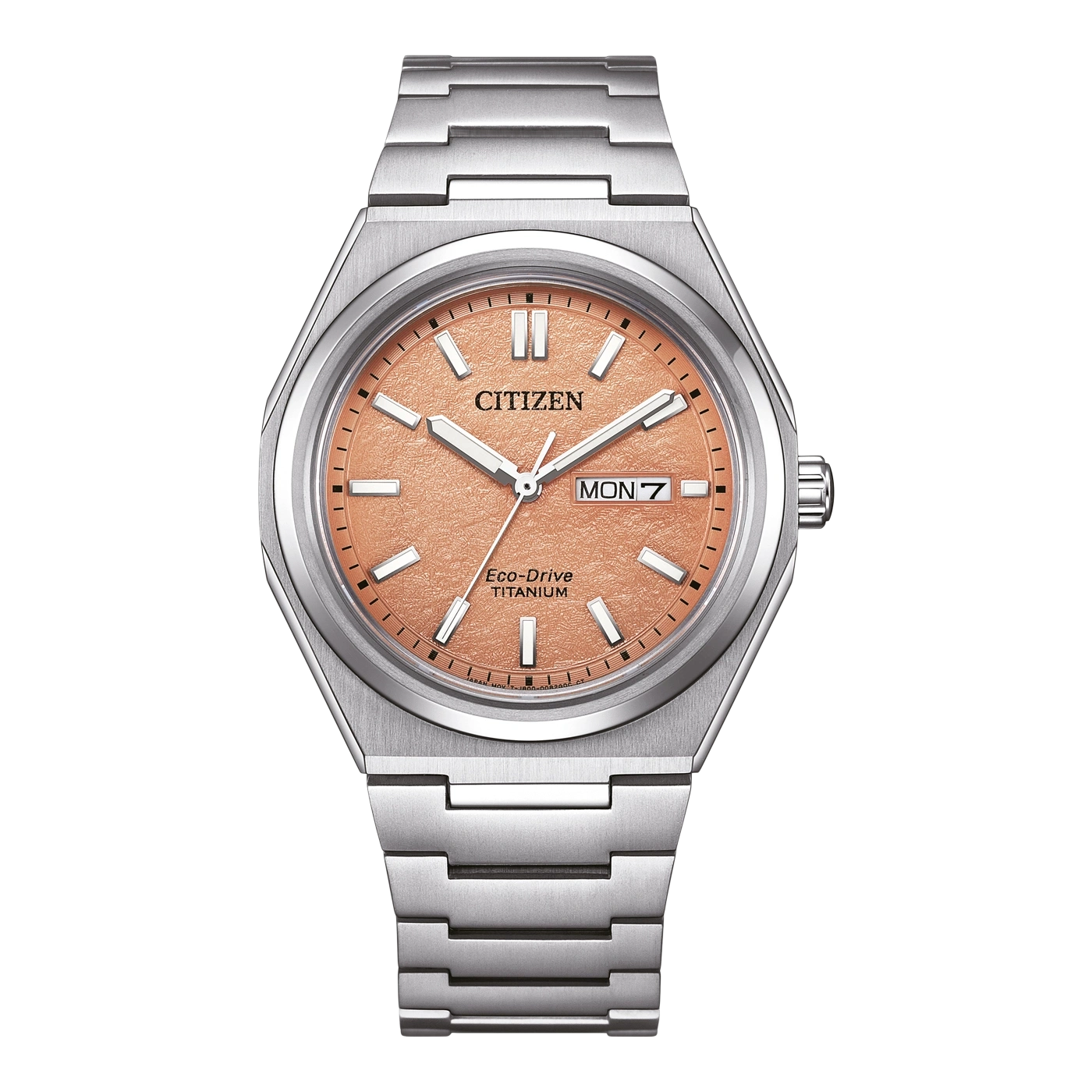 Citizen horloge met zalmkleurige wijzerplaat en titanium armband, Eco-Drive.