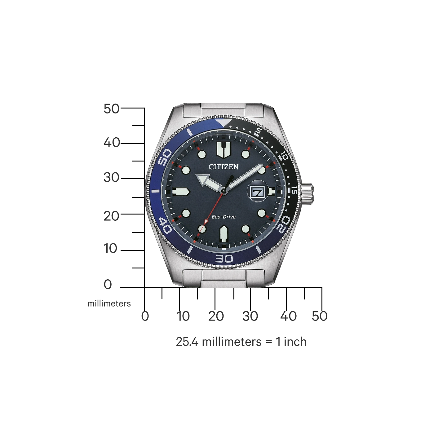 Citizen horloge met blauw-zwarte bezel, Eco-Drive en datumweergave.