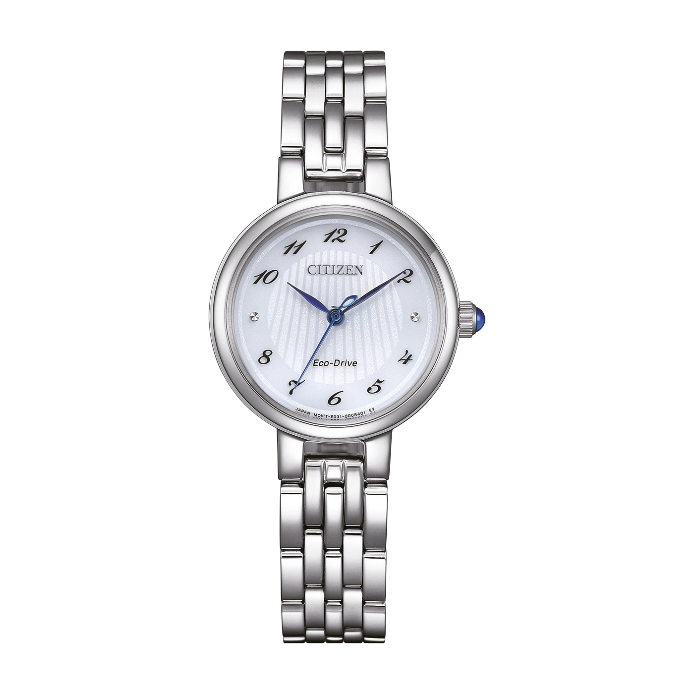 Citizen horloge met witte wijzerplaat en zilveren band, elegant design.