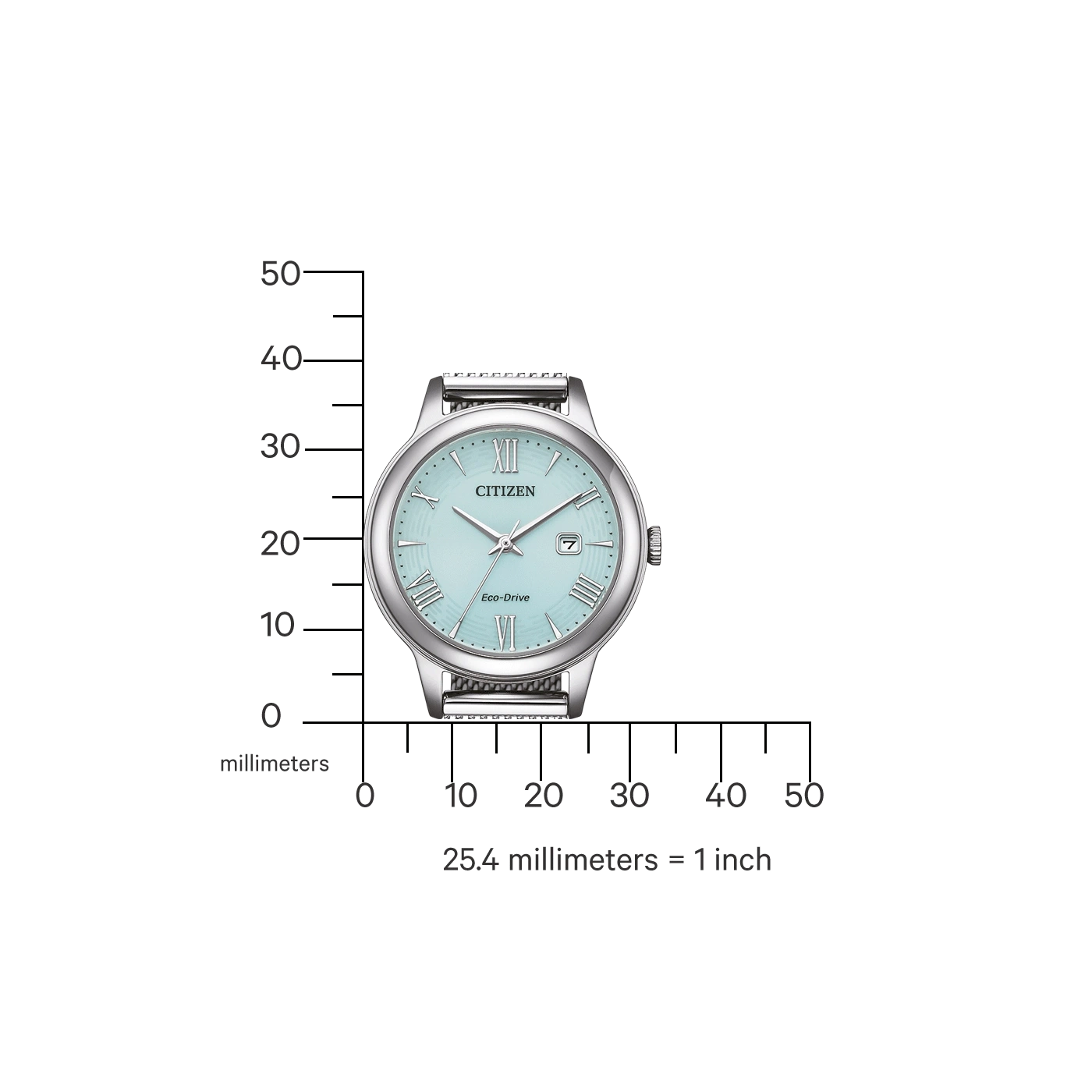 Citizen horloge met lichtblauwe wijzerplaat, meetschaal in millimeters en de tekst 'Eco-Drive'.
