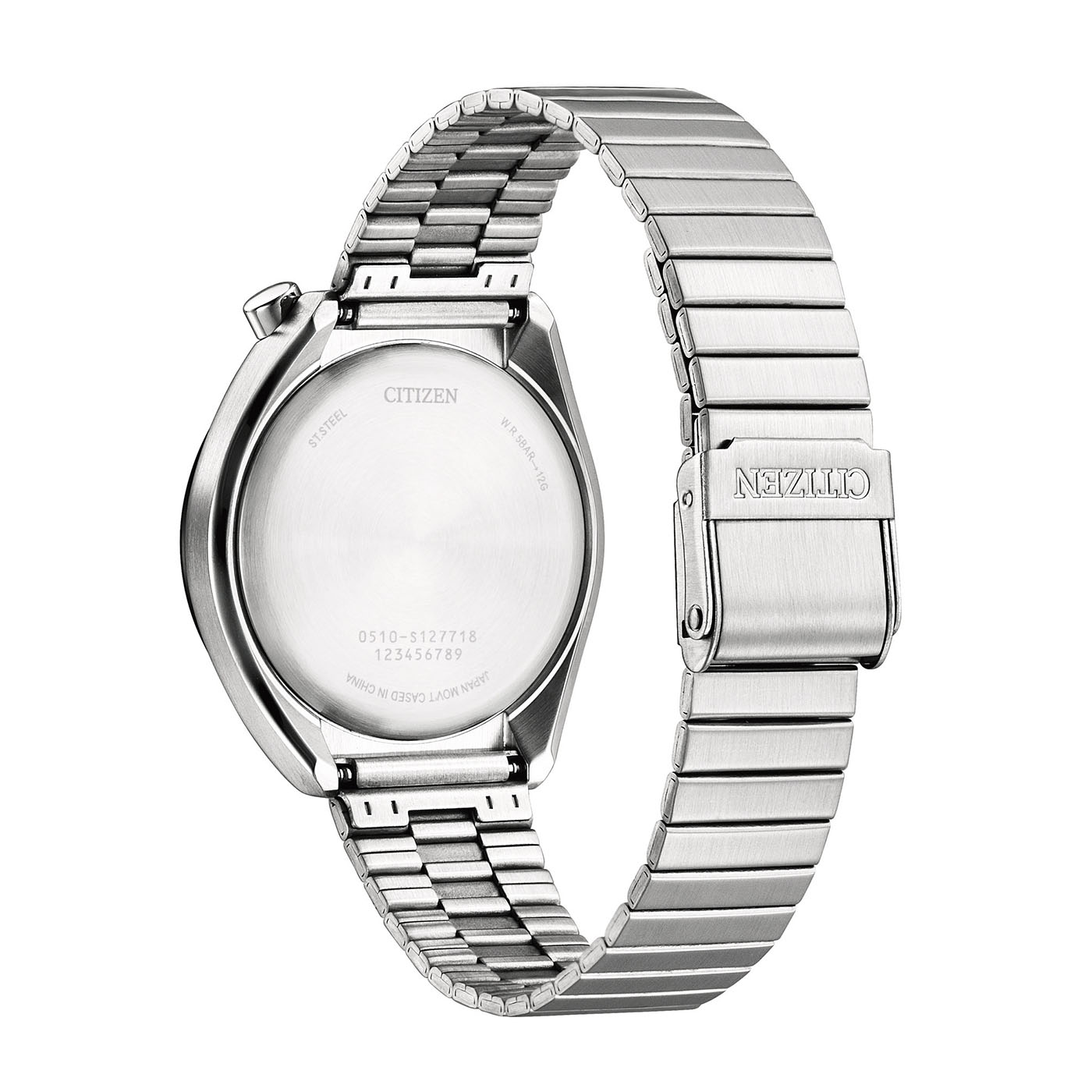 Achterkant van een zilveren Citizen horloge met metalen band.