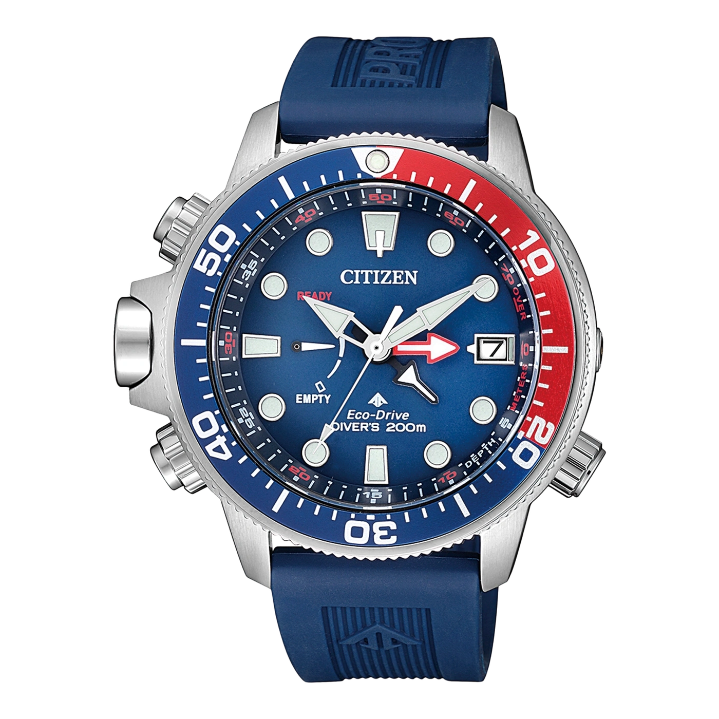 Citizen horloge met blauw-rode bezel, blauwe band en zilveren kast.