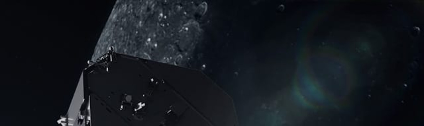 Ruimteschip in de buurt van een asteroïde in de ruimte met sterren en donkere achtergrond