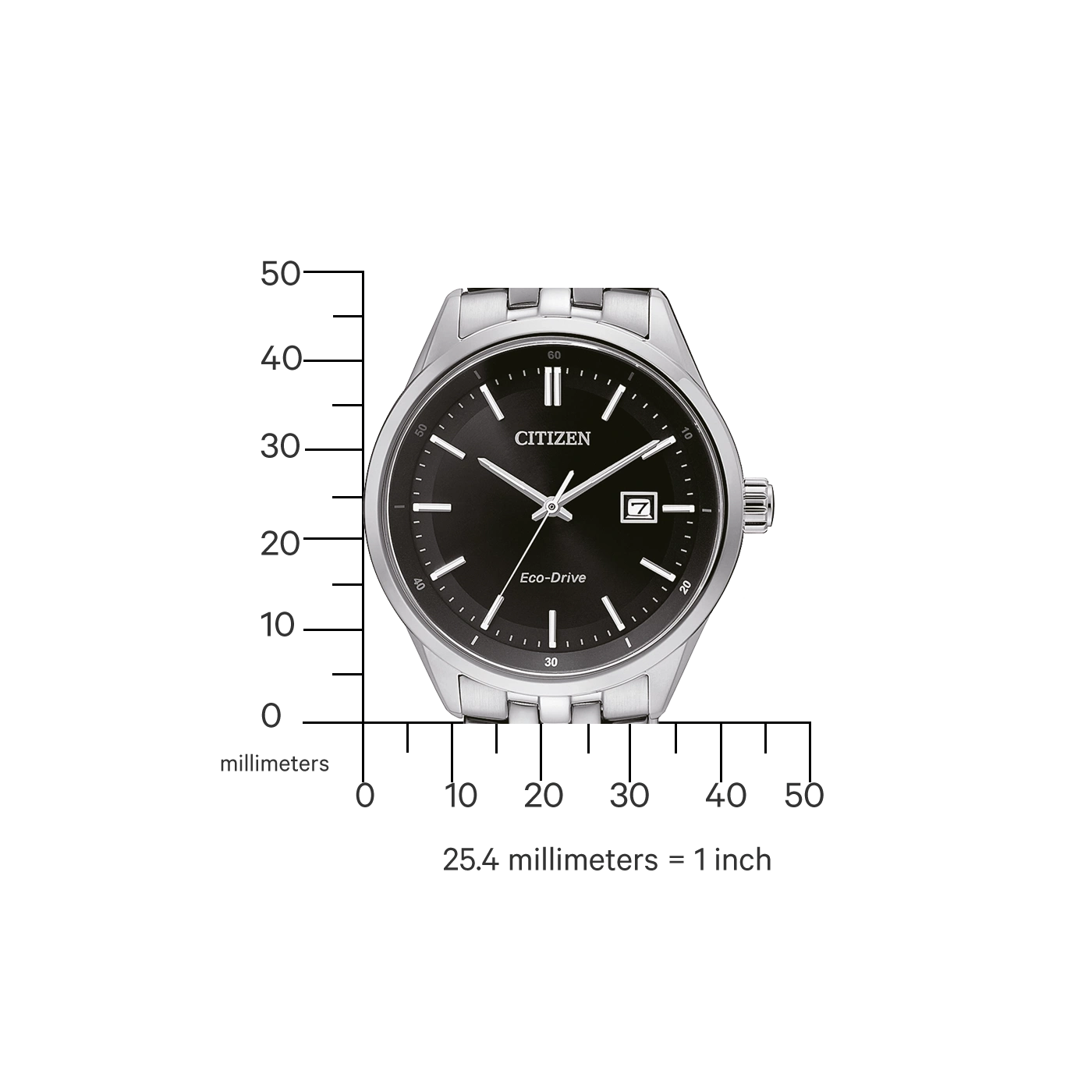 Citizen horloge met zwarte wijzerplaat, Eco-Drive en zilveren band. Maatschaal.