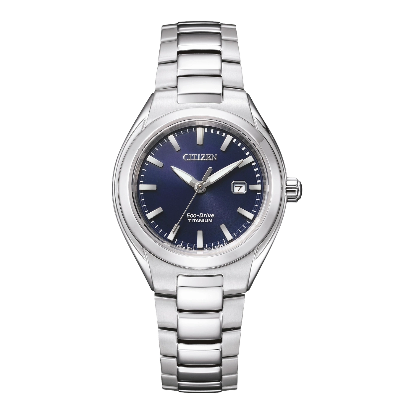 Citizen Eco-Drive Titanium horloge met blauwe wijzerplaat en zilveren armband.