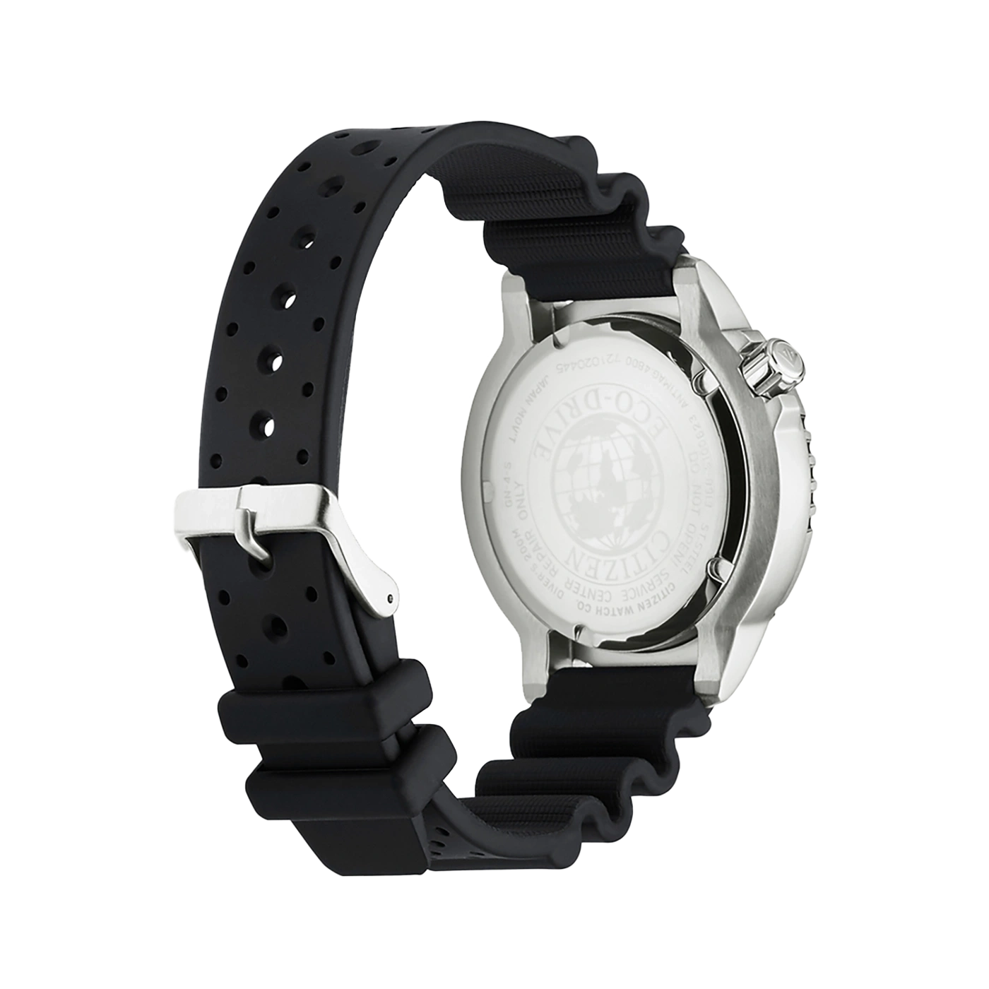 Citizen horloge met zwarte band, achteraanzicht, Eco-Drive, duikhorloge
