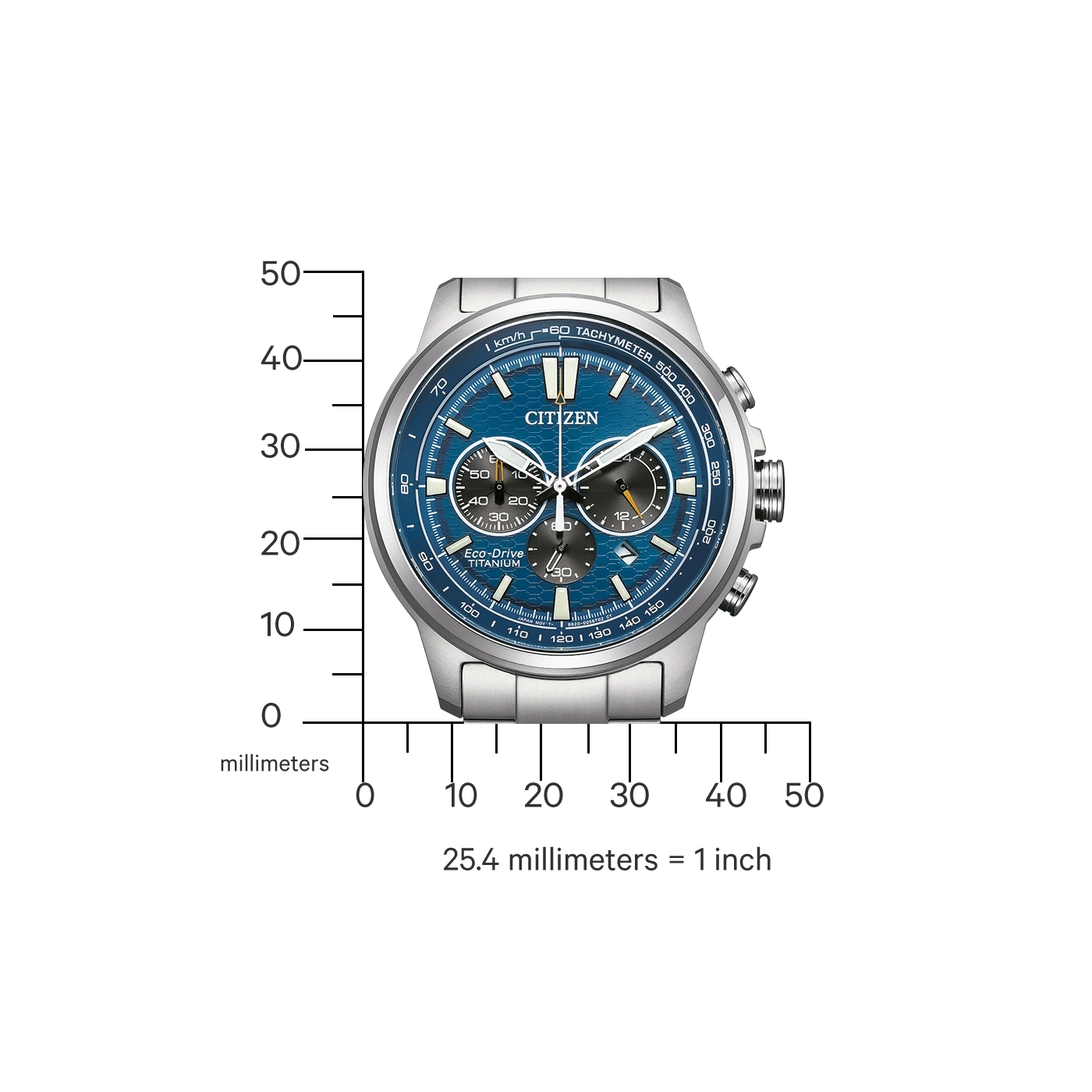 Citizen horloge met blauwe wijzerplaat, tachymeter en titanium Eco-Drive.