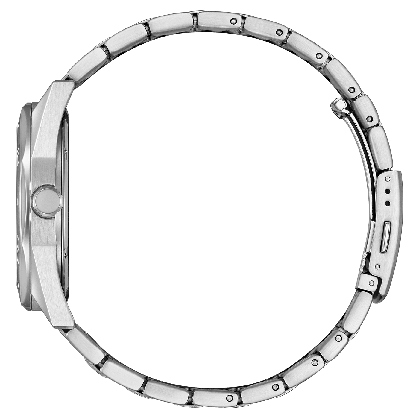 Zijaanzicht van een zilveren horloge met metalen band, close-up.