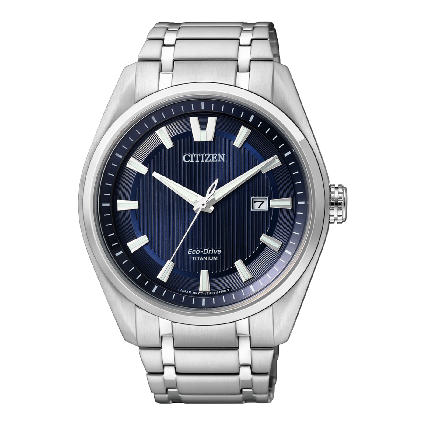 Citizen horloge met blauwe wijzerplaat en titanium armband, elegant design.