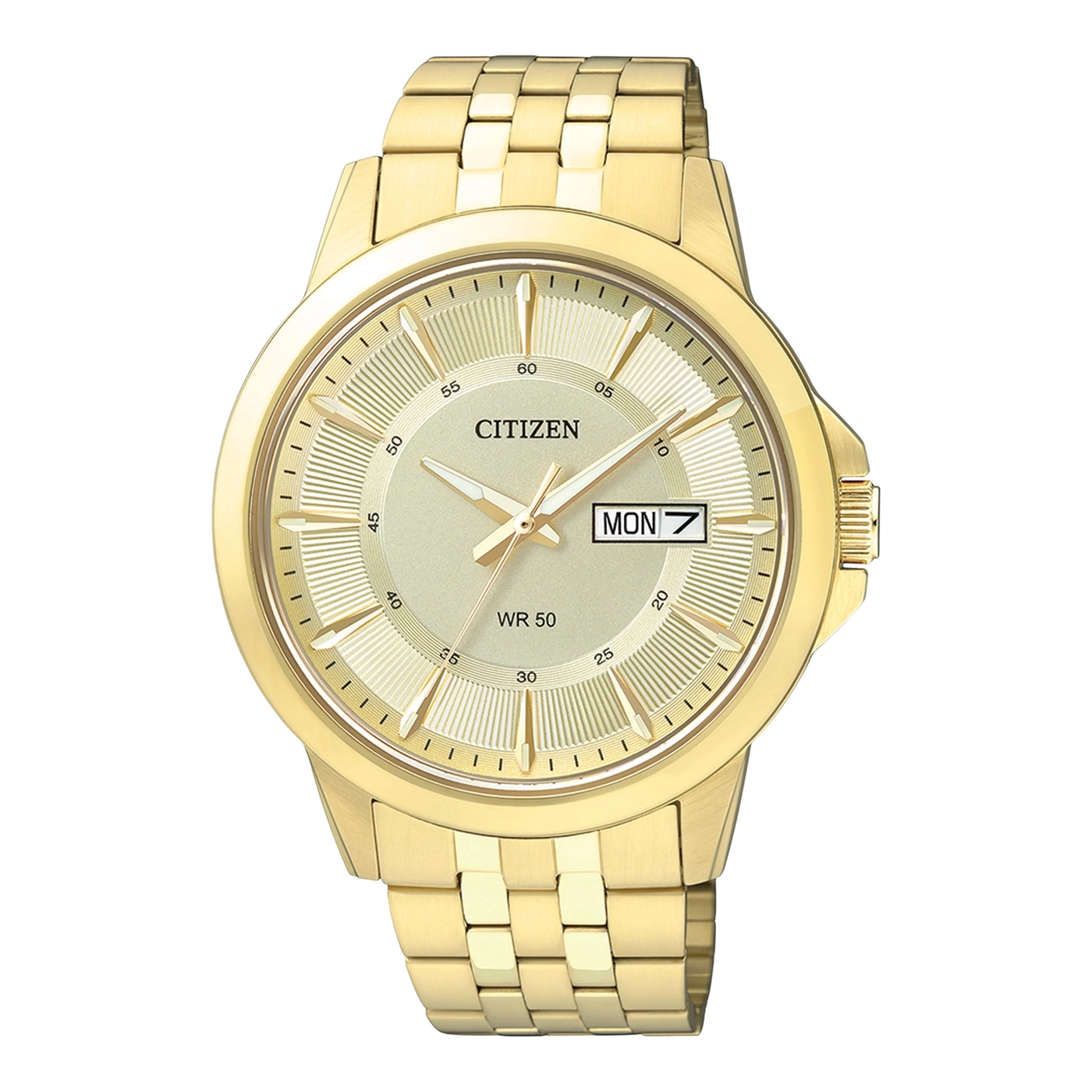 Gouden Citizen horloge met gouden band en dagweergave.