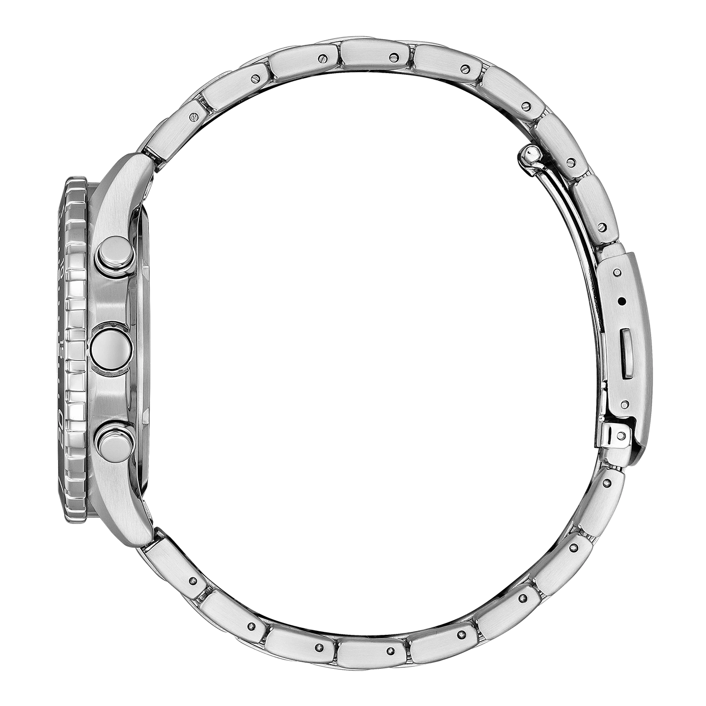 Zilveren horloge zijaanzicht, roestvrijstalen armband, ronde wijzerplaat, chronograafknoppen