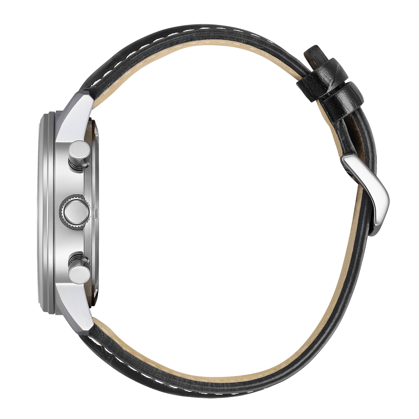 Zijaanzicht van een zilveren horloge met een zwart leren bandje.