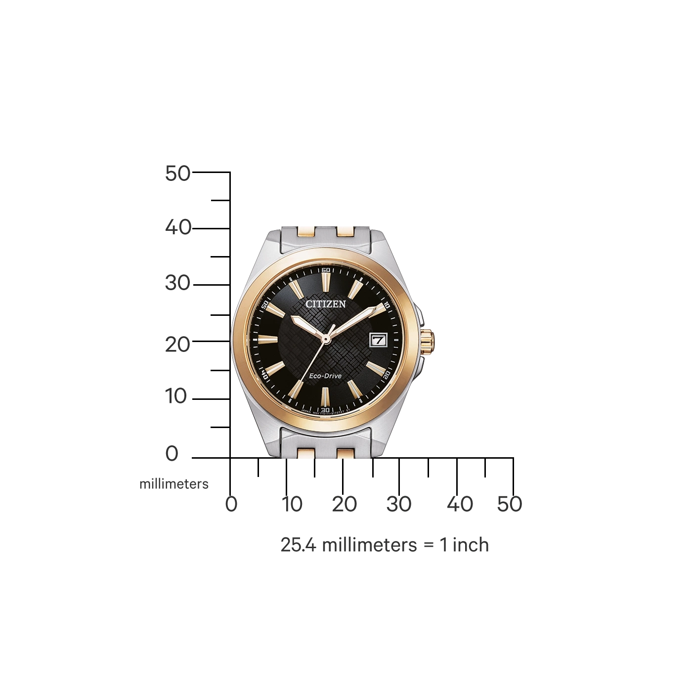 Citizen horloge met zwarte wijzerplaat, goud en zilver accenten, en Eco-Drive technologie.