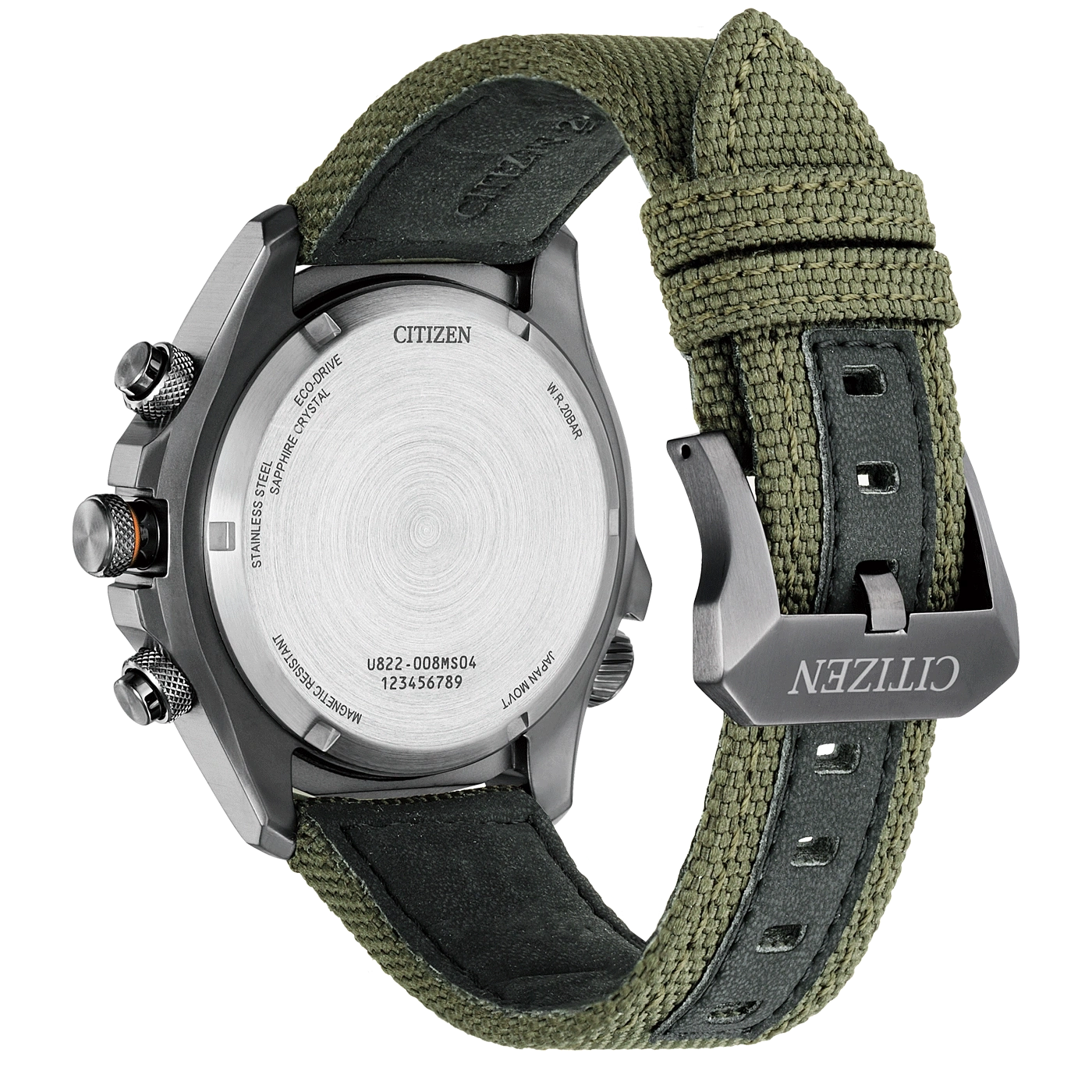 Citizen horlogerug met details: Eco-Drive, roestvrij staal en bandje.