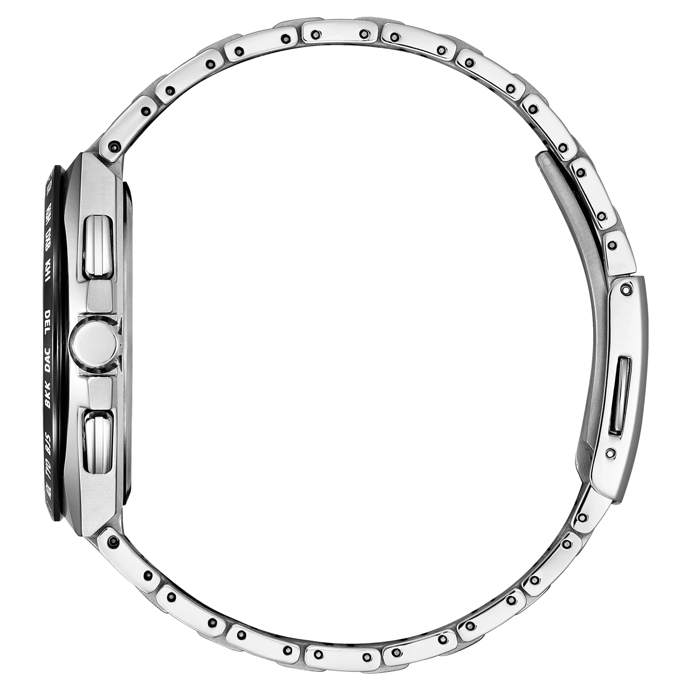 Zijaanzicht van een zilveren polshorloge met metalen band, elegant design.