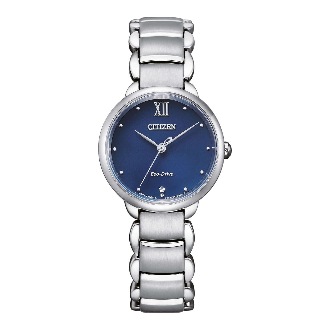 Citizen Eco-Drive horloge met blauwe wijzerplaat en zilveren armband.