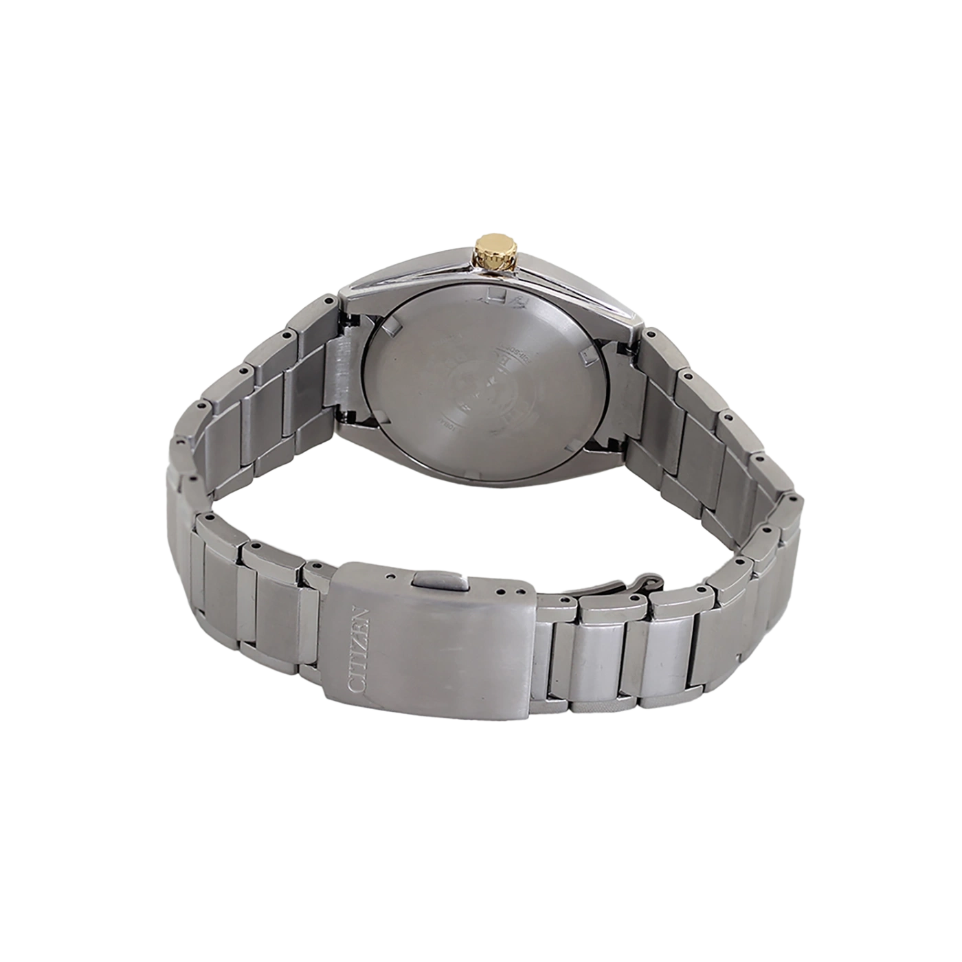 Citizen horloge, zilveren band, gouden kroon, achteraanzicht, roestvrij staal, elegant