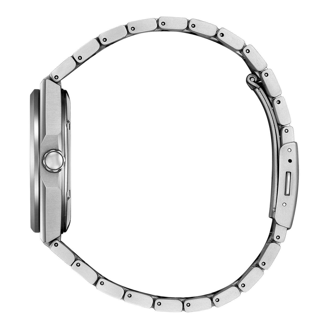 Zijaanzicht van een zilveren horloge met metalen band op een zwart-witte achtergrond.