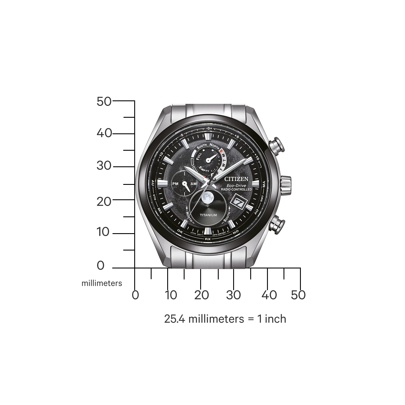 Citizen horloge met titanium, radiogestuurd, Eco-Drive en meerdere wijzerplaten.