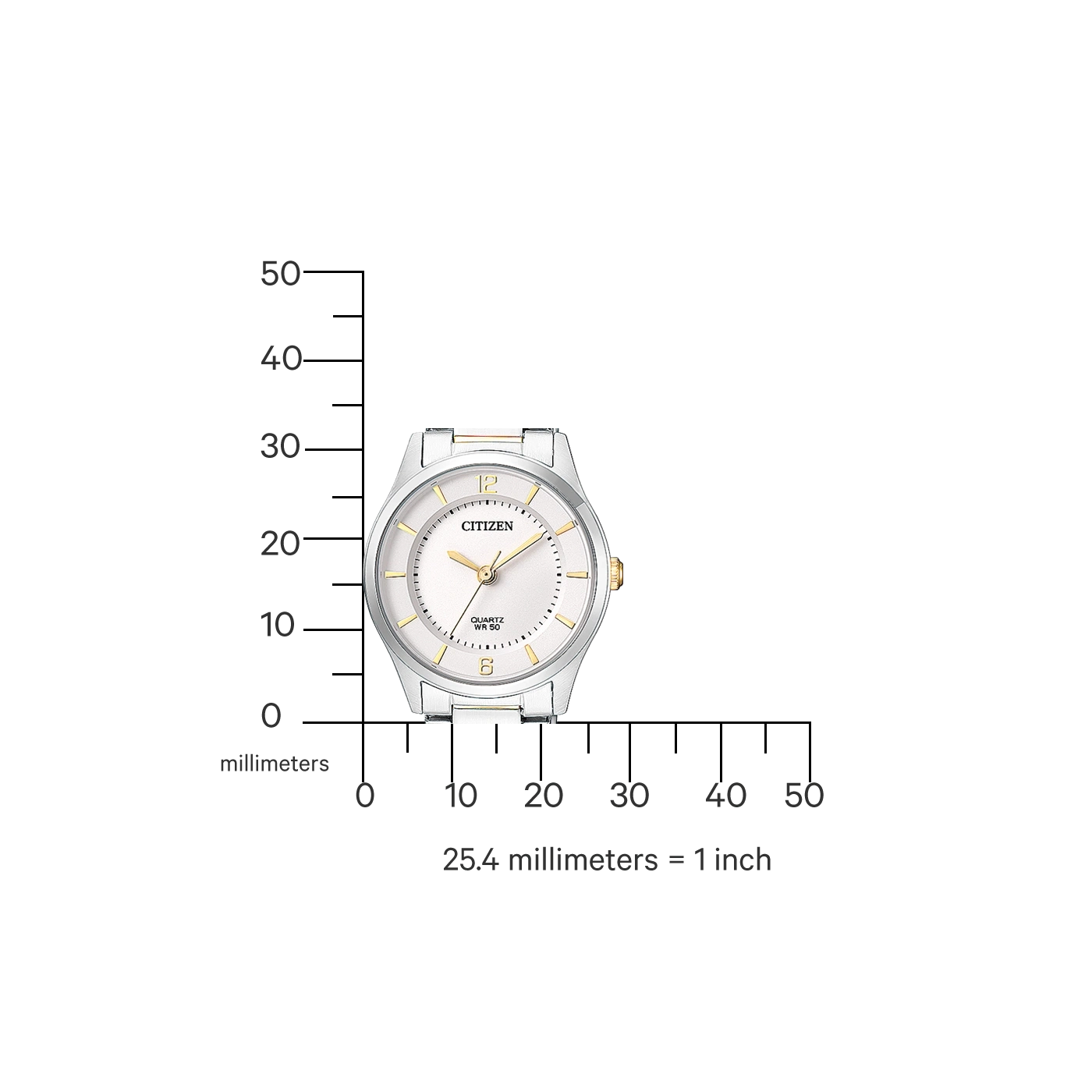Citizen horloge met witte wijzerplaat, zilveren en gouden accenten, en millimeterschaal.