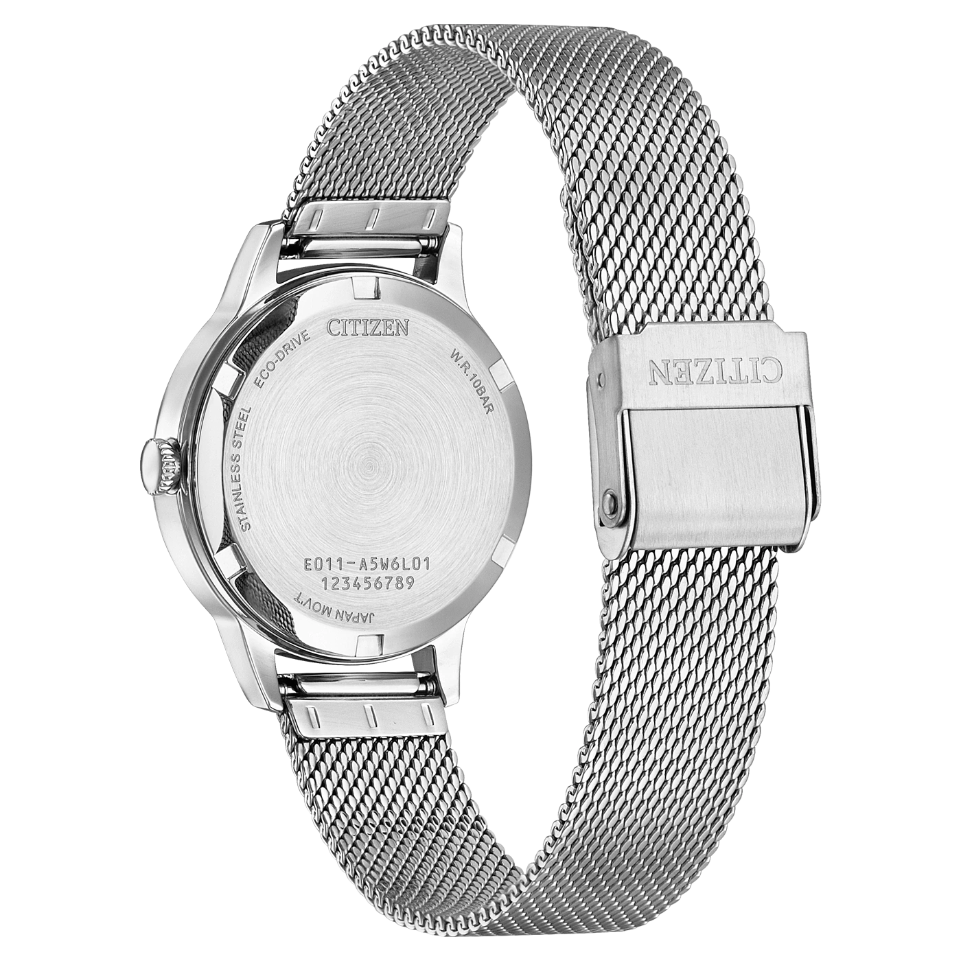 Citizen horlogekast, roestvrij staal, Eco-Drive, W.R.10BAR, Japan Mov't, modelnummer.