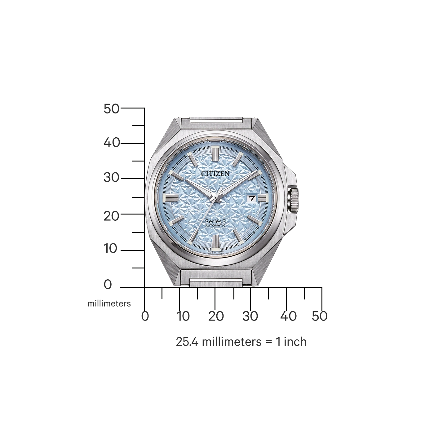 Citizen horloge met blauwe wijzerplaat, maatschaal en de tekst 'Series 8 AUTOMATIC'.