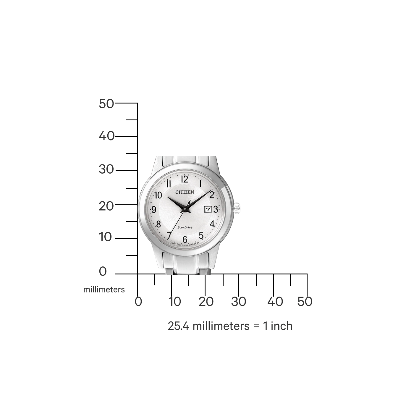 Citizen horloge met witte wijzerplaat, toont de tijd en metingen in millimeters.