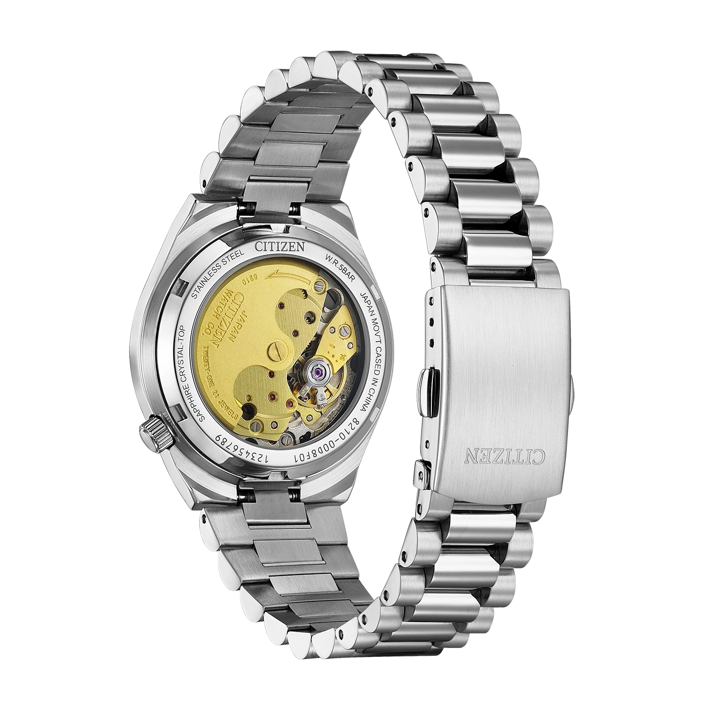 Citizen horloge achterkant, zichtbaar mechanisme, roestvrij staal, armband.