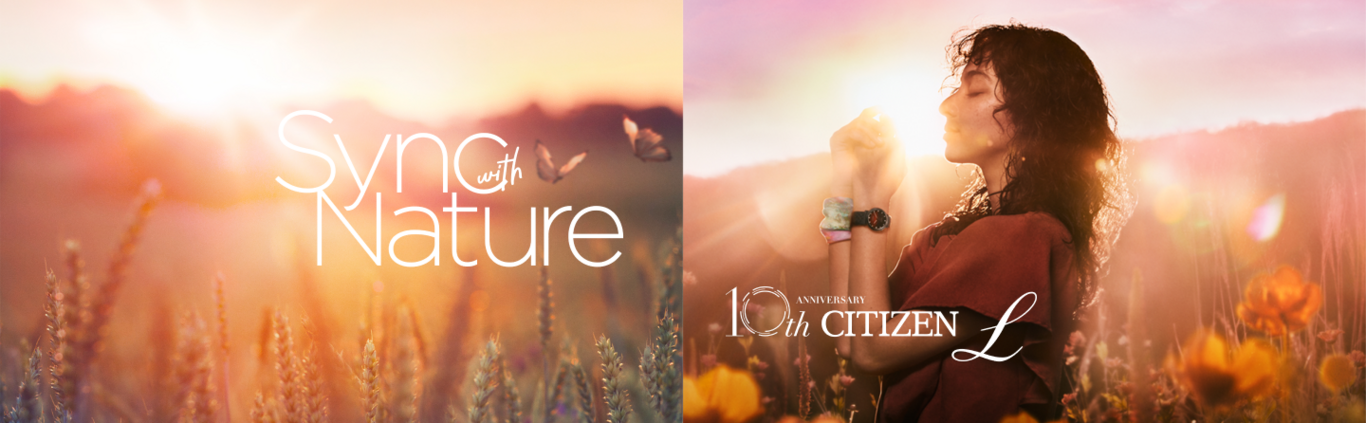 Vrouw in veld met horloge, 'Sync with Nature' en '10th Anniversary Citizen L'
