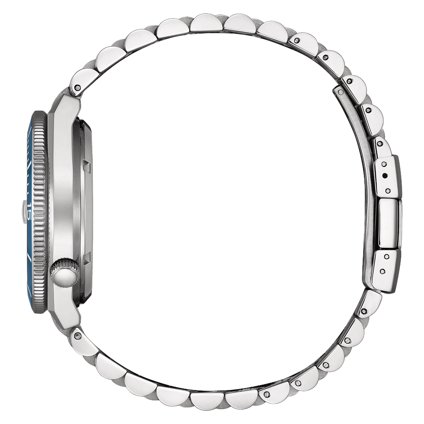 Zijaanzicht van een zilveren horloge met een blauwe wijzerplaat en metalen band.