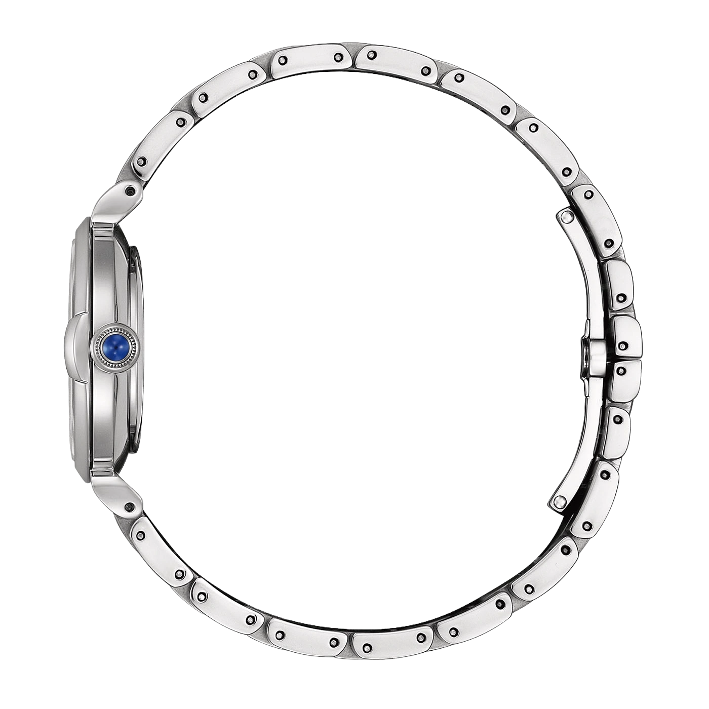Een zilveren horloge met een blauwe edelsteen aan de zijkant, op een witte achtergrond.